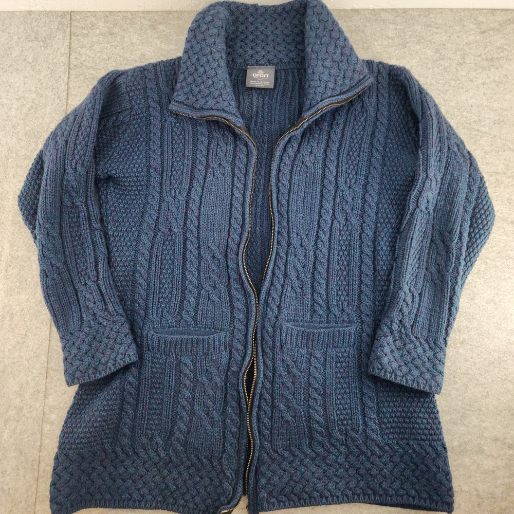 Aran Woollen Mills Small | Blue Merino Wool Cable Knit Full Zip Cardigan Sweater
